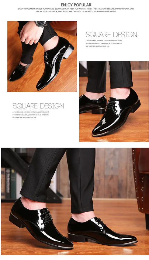 Elegant Oxford Dress Shoes for Men - Luxurious Patent Leather Formal Footwear for Weddings and Office Events, Sizes 38-48, Soft Rubber Outsole and Pointed Toe Design